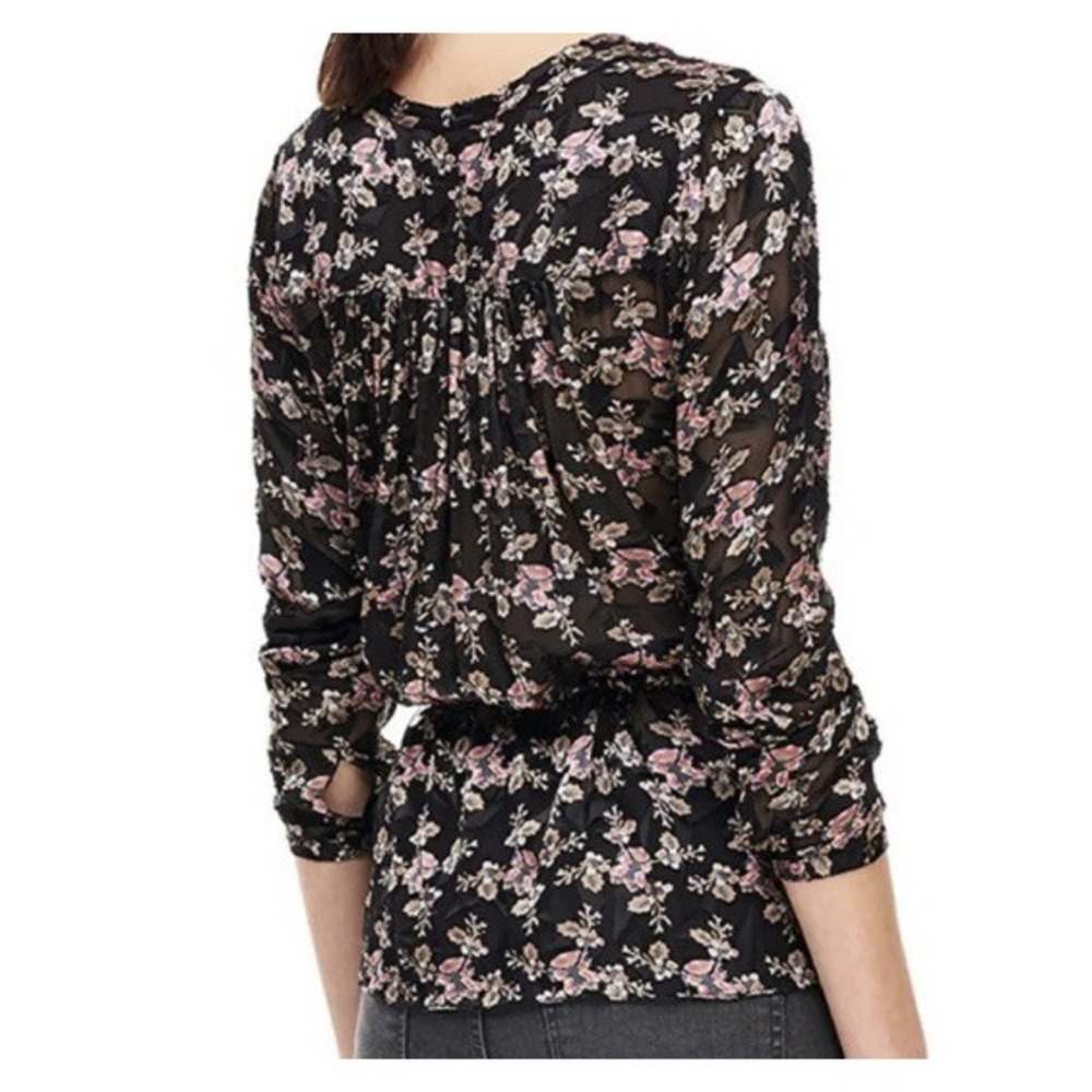 Rebecca Taylor Silk Blend Floral Burnout Blouse Black Pink Drawstring Top 2 - Picture 3 of 9